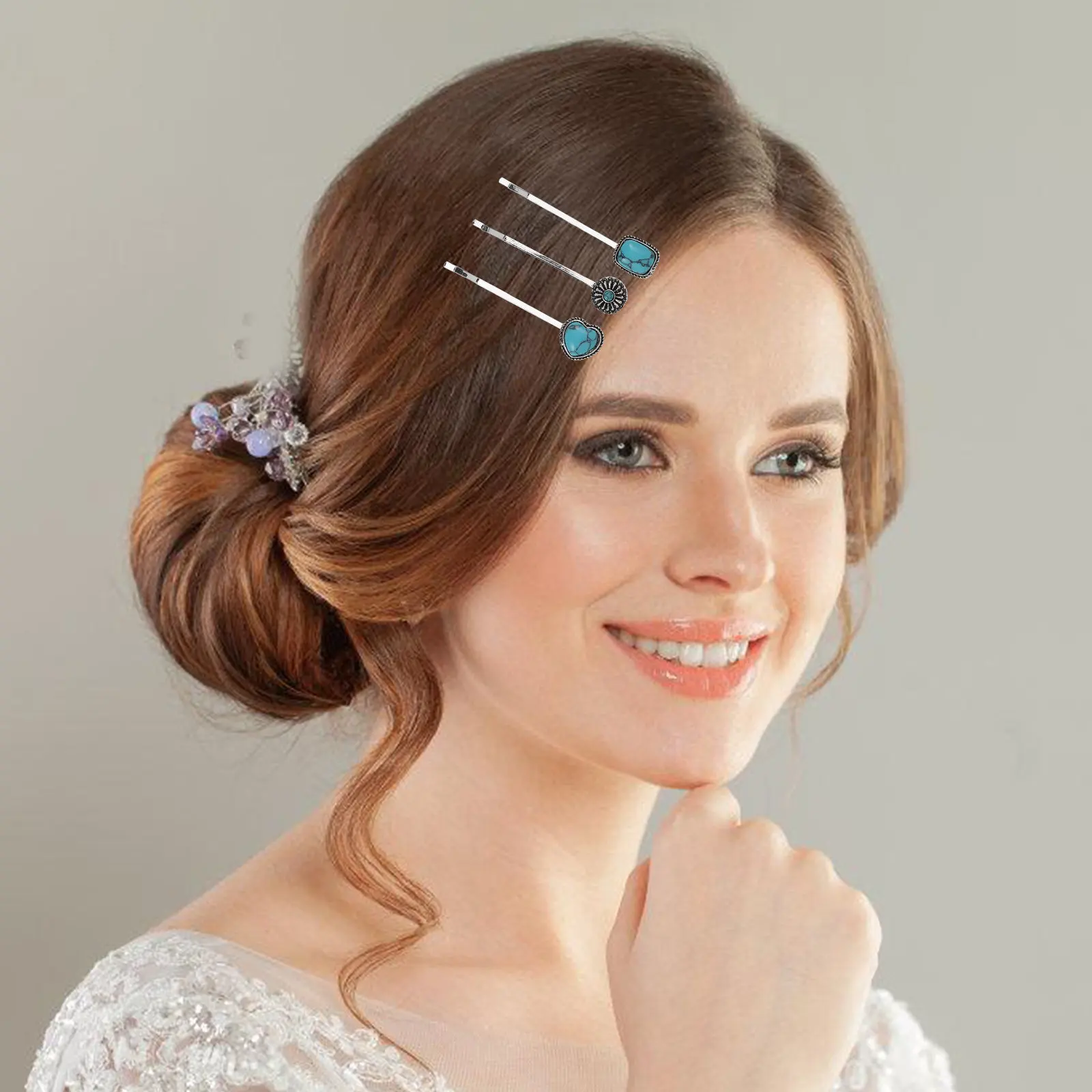 

6 шт. заколок для волос в китайском стиле с бирюзовыми сердечками и цветочным узором, элегантные аксессуары для женщин на каждый день и особых случаев