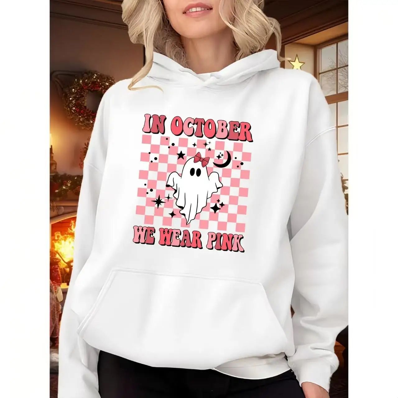 

In October We Wear Pink Ghost Hoodie, Women's Halloween Party Sweatshirt, Breast Cancer Awareness Cute Graphic Pullover