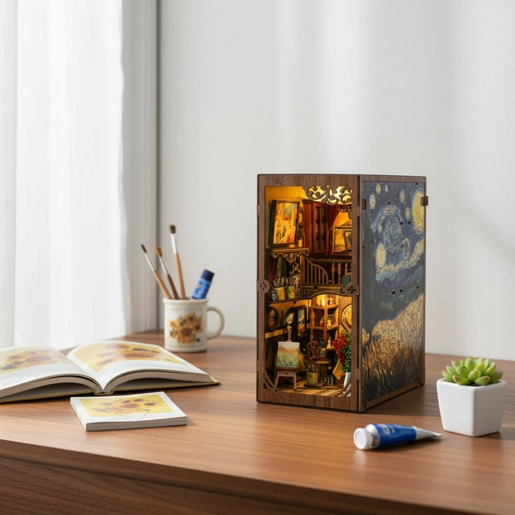 OUZEY Kit de bricolage de coin de livre en bois 3D - Modèle miniature « Un monde dans un cadre » avec figurines, cadeau de décoration d'étagère fait à la main