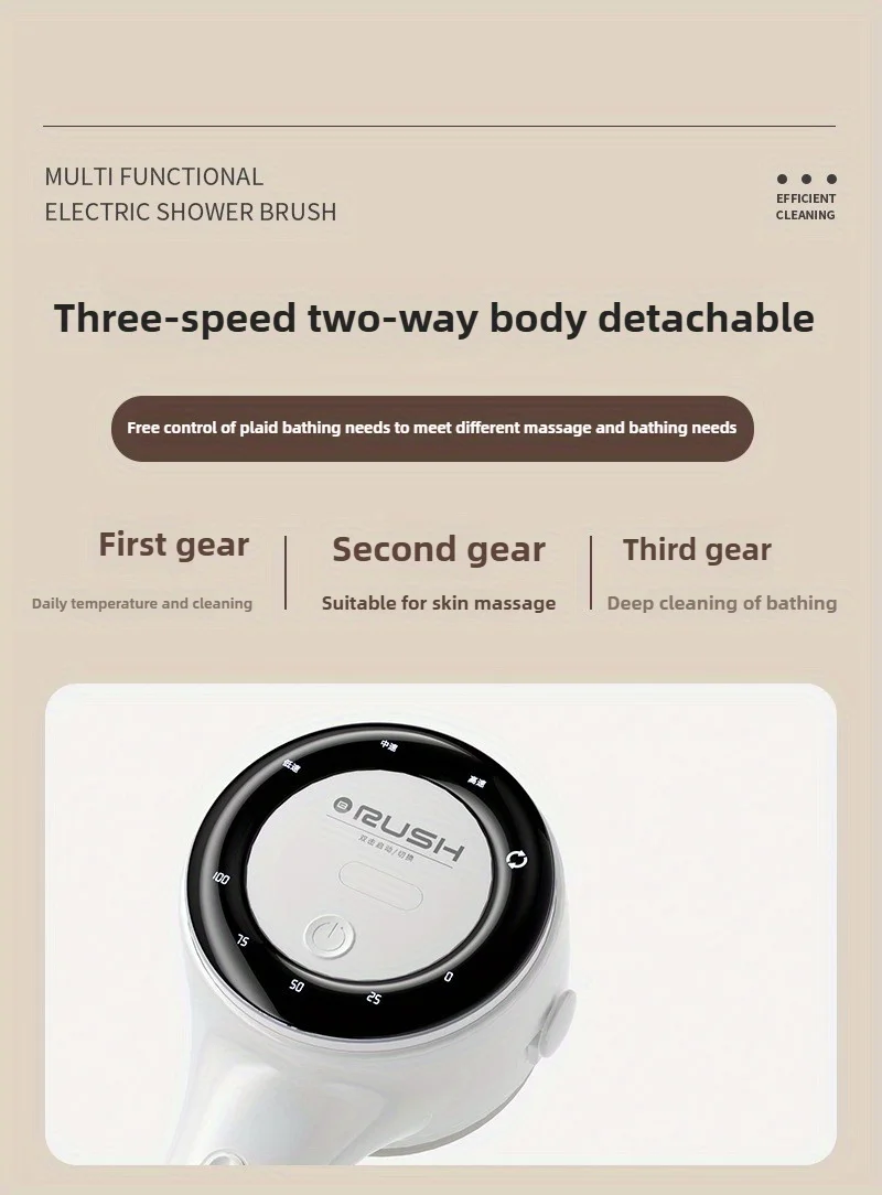 Electric Shower Brush LED Display Rotating Multifunctional Shower Brush 5 Brush Heads 3-Speed Detachable for Back Face & Shower