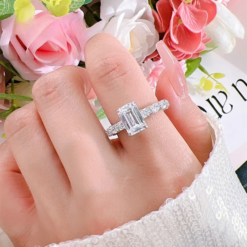 Light Luxury Full Diamond Set with Emerald Cut 925 Silver Ring Set with High Safety Diamonds