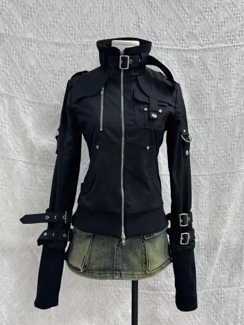 Retro-Gothic-Stil-Jacken für Damen, japanisches cooles Schwarz, Stehkragen, Motorradjacken, 2025, Herbst, neue Harajuku-Kleidung