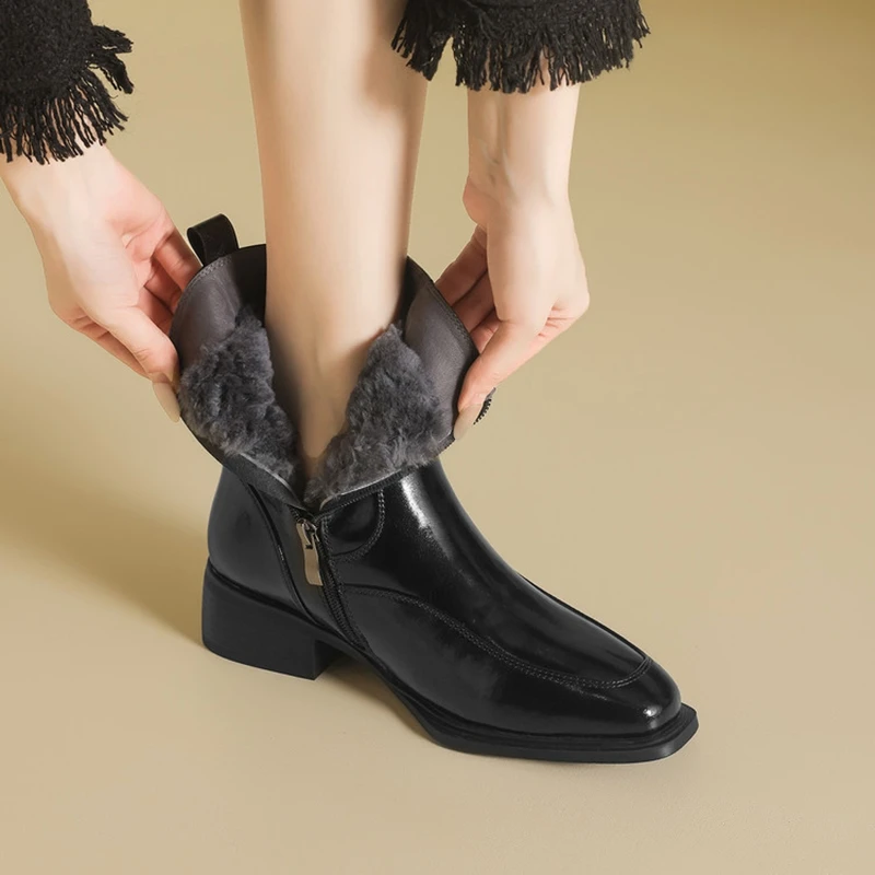 NEW Winter Women Boots Split Leather Shoes for Women Square Toe Chunky Heel Shoes Sewing Zip Modern Boots Warm Wool Daily Shoes