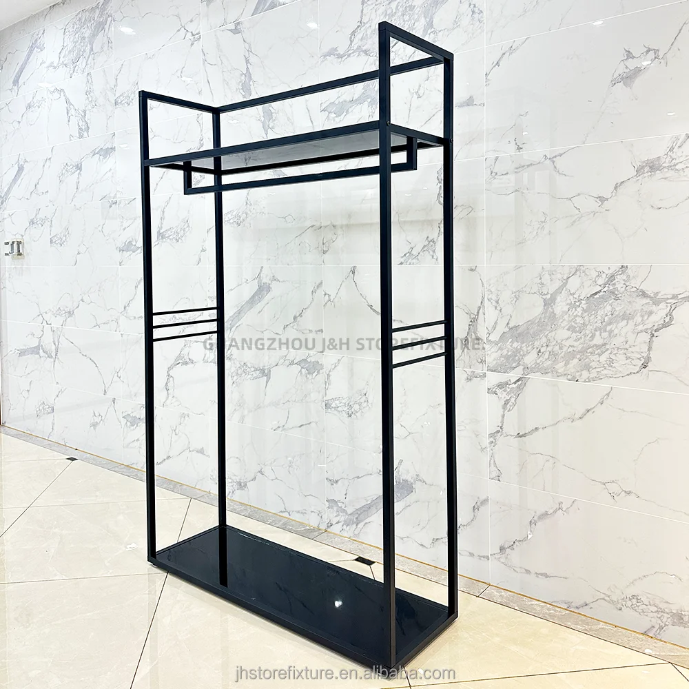 

Custom.ODM OEM Showroom Clothing Stand Metal Black Garment Display Rack ODM OEM Showroom Window showcase Clothing Racks for Bout