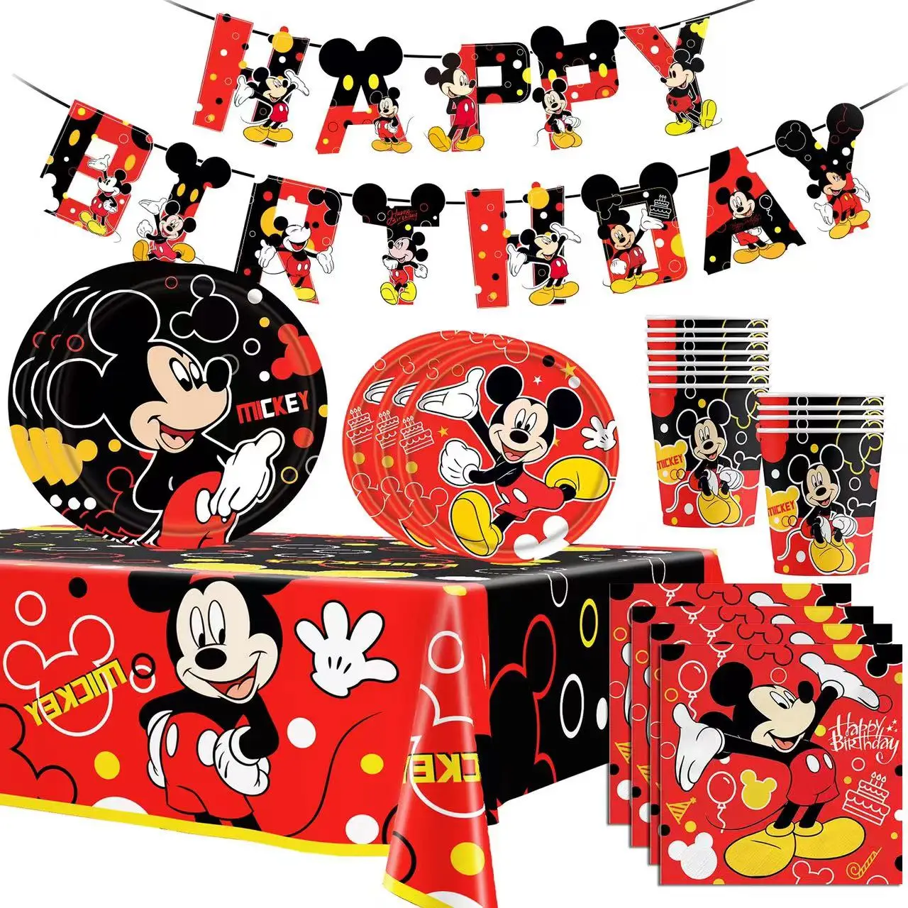 Décor de fête Mickey Mouse, fournitures d'anniversaire, ensemble de vaisselle à thème Mickey, ballons d'arrière-plan heureux, assiette, tasse, nappe pour enfants garçons