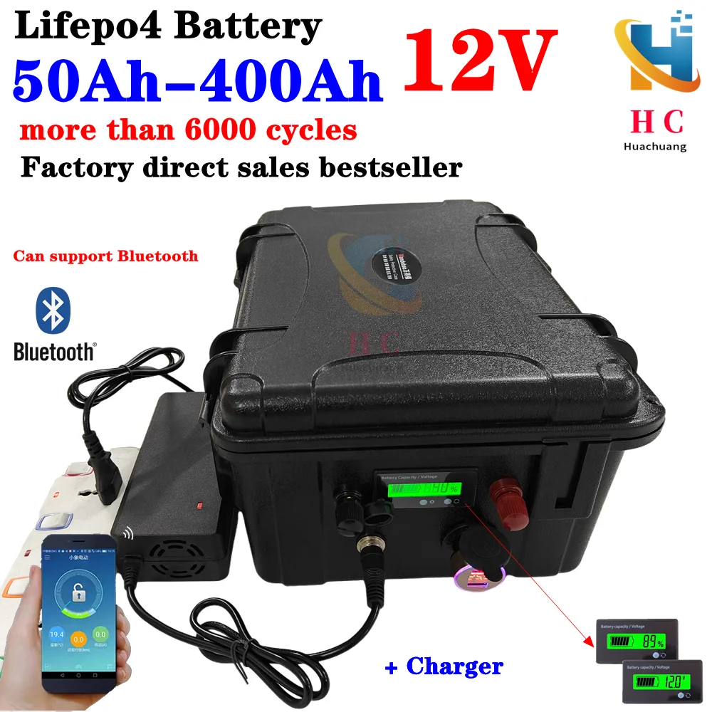 HC_12V 200Ah 100AH150AH 300Ah 400AH 500Ah 600Ah Lifepo4 batteria al litio bluetooth BMS Alimentatore per barca da pesca inverter