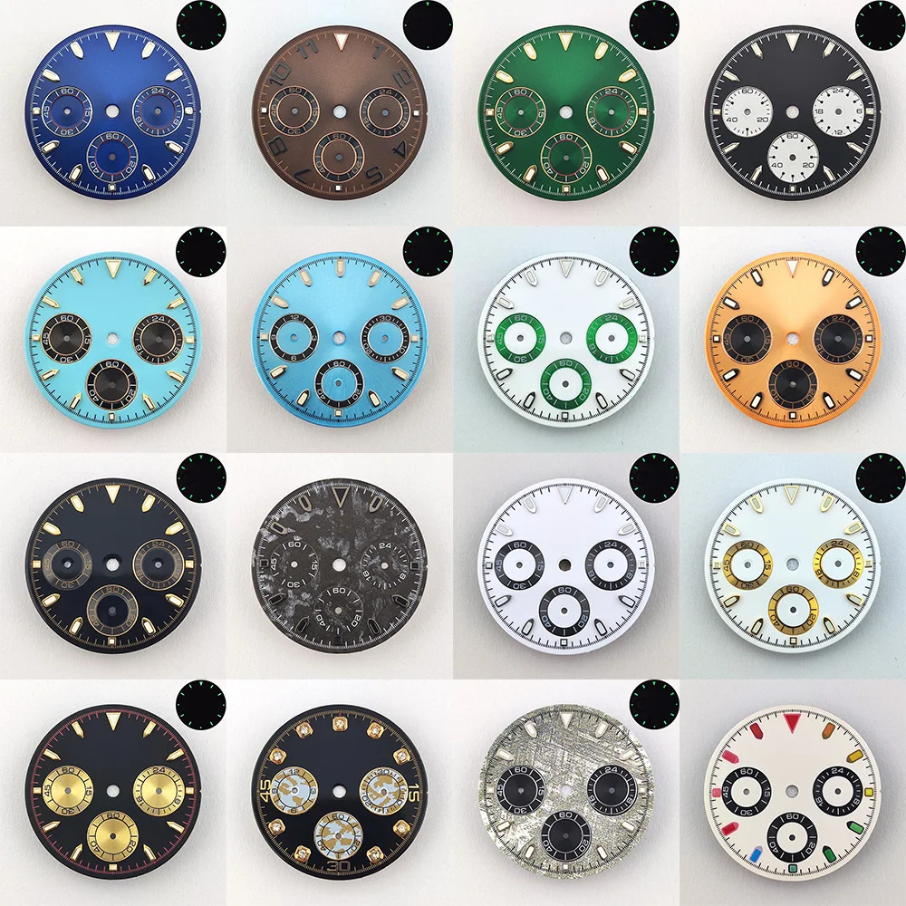 29mm VK63 Dial Quartz Movement Chronograph Dial Panda Dial Green Luminous Dial 6 Hands Watch Parts Fits VK63 Quartz Movement