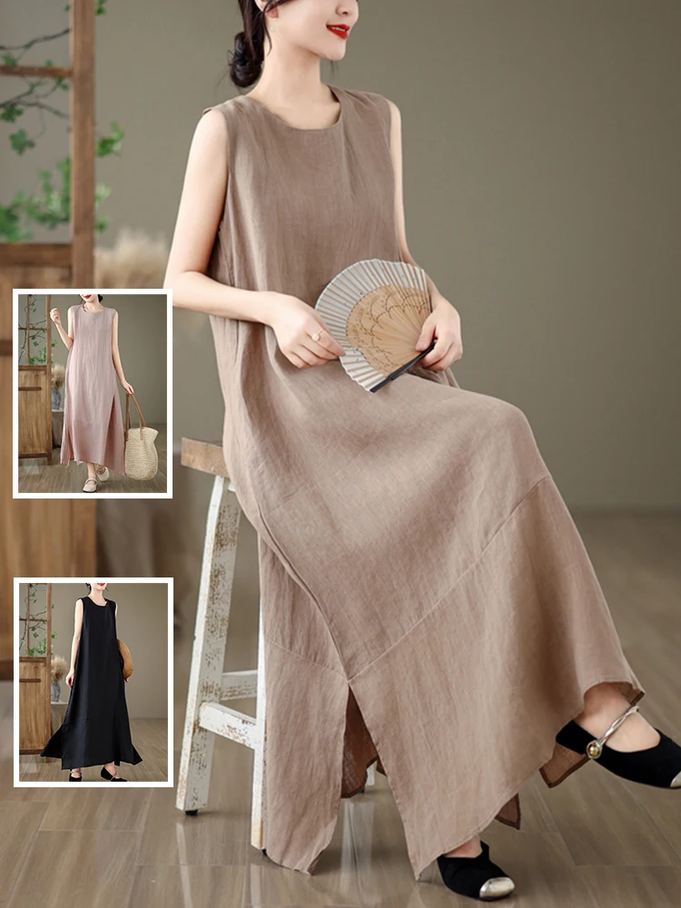 

Loose Cotton Linen Svel Long Dr Midi A-Line Silhouette Slimming Inner Wear Vest Skirt Sle for plus Size Women