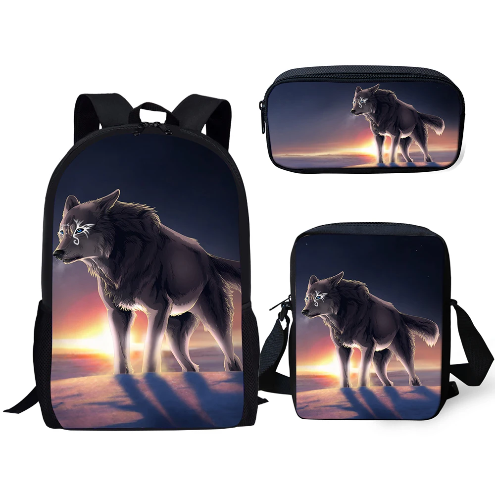 Harajuku Novelty Cool Wolf Animal 3pcs/Set Backpack 3D Print School Student Bookbag Laptop Daypack Shoulder Bag Pencil Case u