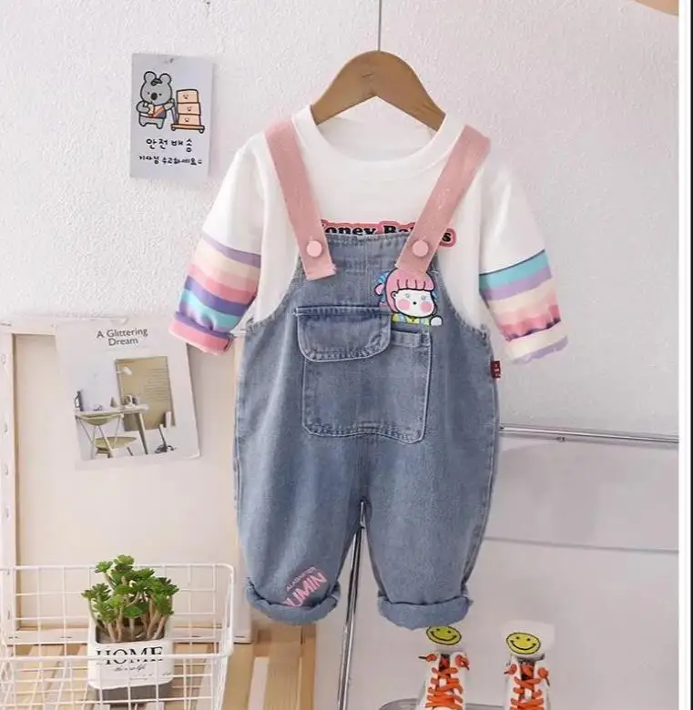 Girls\' striped long-sleeved T-shirt and overalls