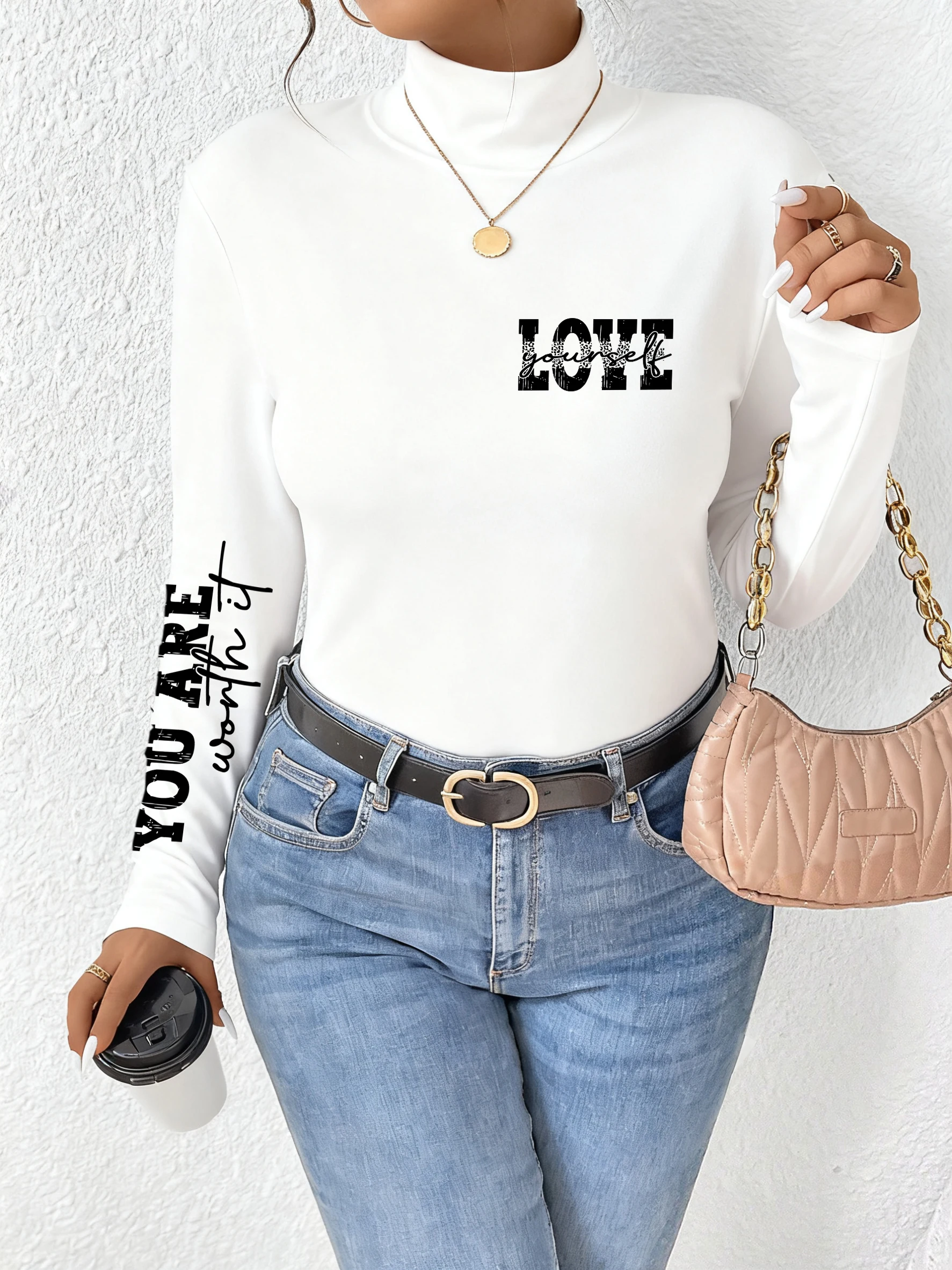 Camisetas con estampado Love Yourself para mujer, jersey cómodo y cálido, ropa de calle informal de manga larga que combina con todo, otoño