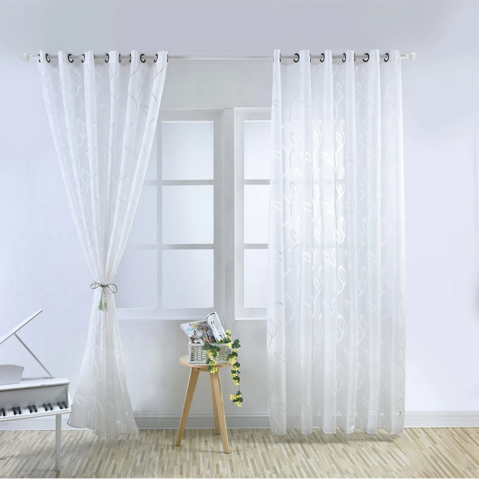 Curtain Leave Print Window Curtains Living Room Bedroom Black Sheer Seersucker Drape 2 Panels Grommet Top Modern Style Famhouse