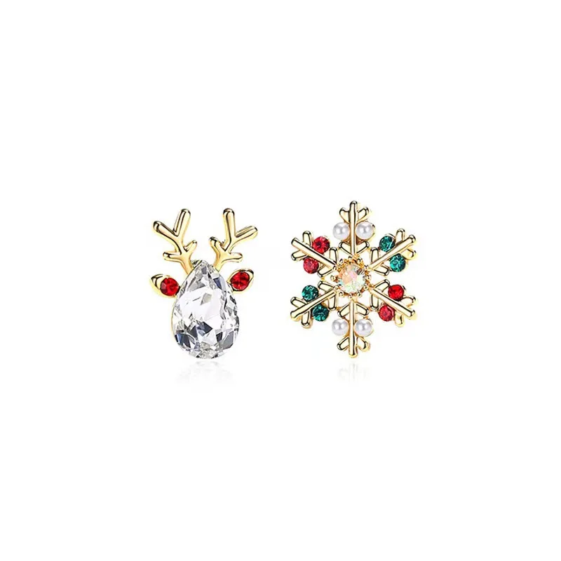 Luxury Crystal Coloful Snowflake Stud Earring for Women Girls Christmas Fashion Cute Reindeer Deer Small Earrings Party Jewelry