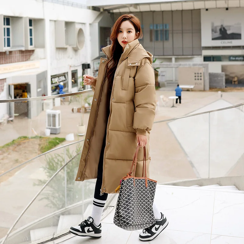 New Cotton Coat Winter Mid Length Knee Down Cotton Coat Women's Korean Version Loose Thickened Hooded Thickened Coat