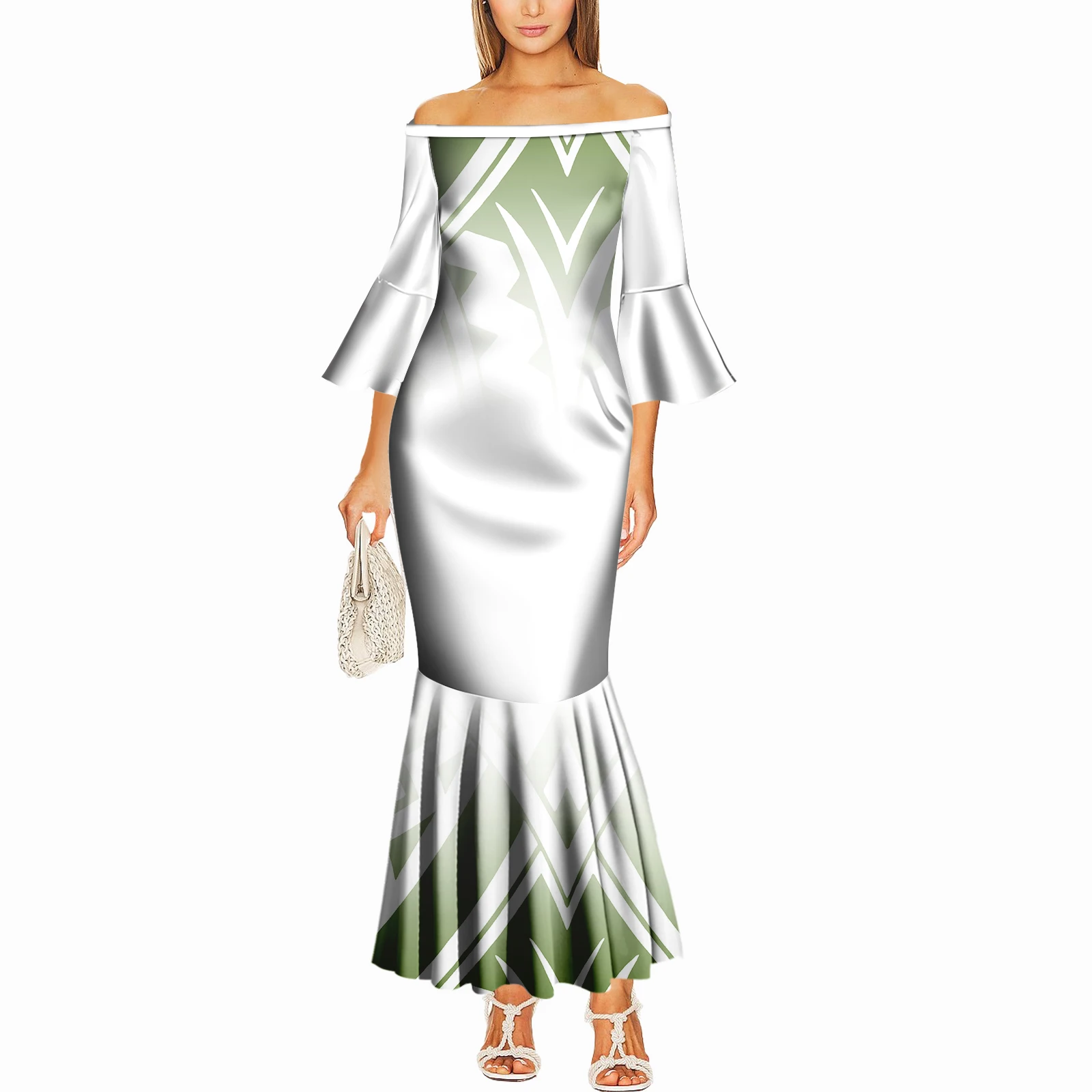 Classic Simple And High-Quality One-Shoulder Flared Sleeve Slim Polynesian Custom-Made Long Fishtail Dress For Women