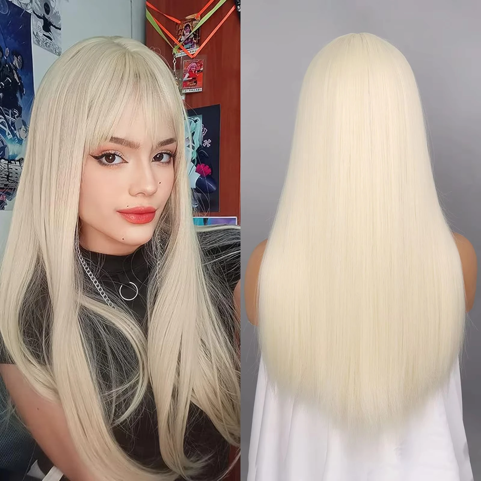 Golden straight hair synthetic wig for Halloween party cosplay, cosplay wig, role-playing wig, high-temperature silk wig cover