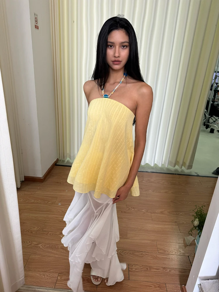 

Желтый женский топ без бретелек, свободного кроя, из хлопка, прямой силуэт, тонкий, весенний, средней длины, без рукавов