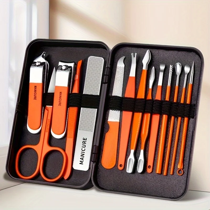 

Orange Stainless Steel Nail Clippers Manicure 14 Pcs Set Includes Modern Hand and Foot Care Tools Curved Edge Scissors