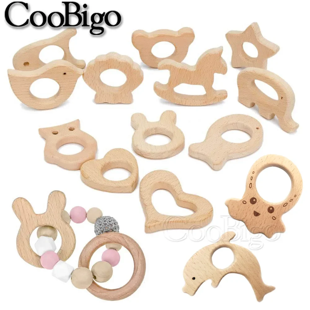 Wooden Baby Teething Ring Beech Wood Rings Cartoon Animal DIY Toys Pacifier Chain Cradle Pendants Craft Accessories 1pc