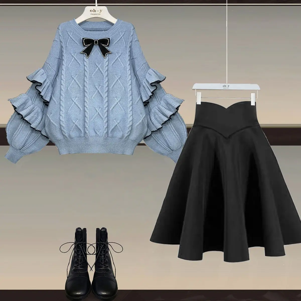 Spring and Autumn Season Set Women's Korean Edition New Slimming Lantern Sleeves Knitted Sweater Half Skirt Two Piece Set