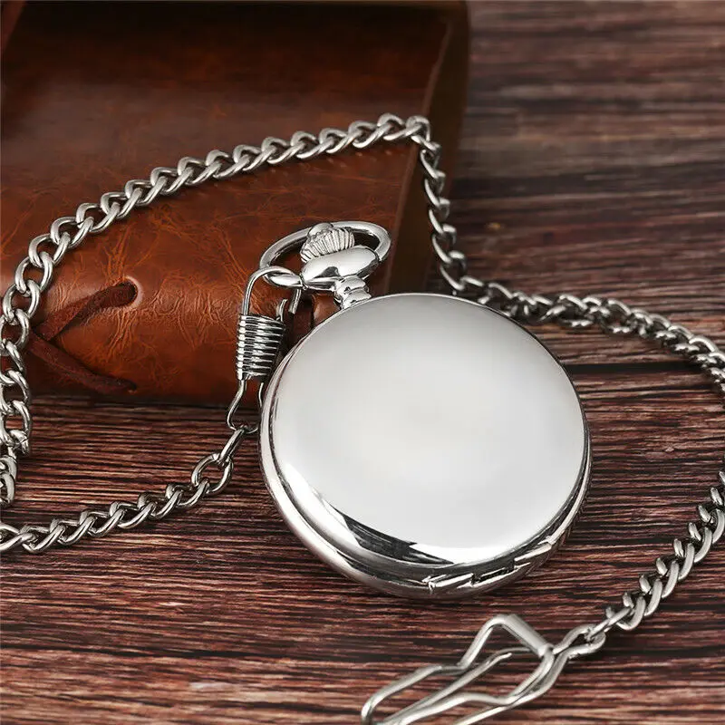 Men's Vintage Style White Dial Arabic Number Pocket Watch Silver Chain Smooth Case Fob Watches Wedding Gifts