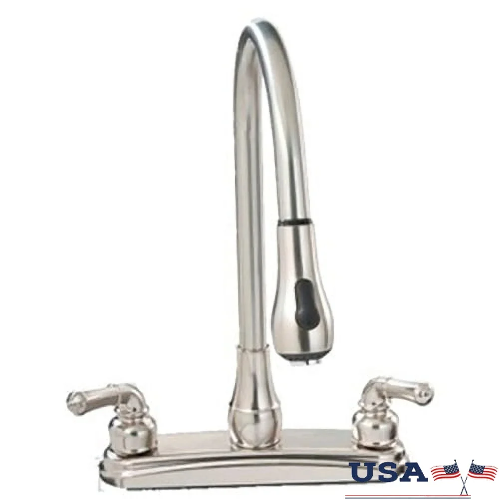 

8 Inch Nickel Pull Down Kitchen Faucet with Pull Out Sprayer Lead Free Teapot Lever Handles Easy Use