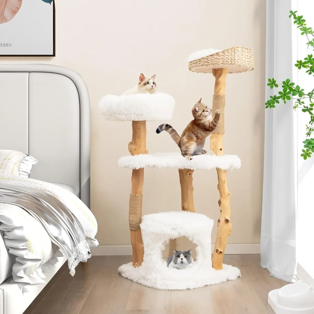 

Cat Tree Tower, Solid Wood Modern Cat Tower with Top Cattail Basket Bed, Side Perch, Large Platform & Condo,Cute Cat Tree