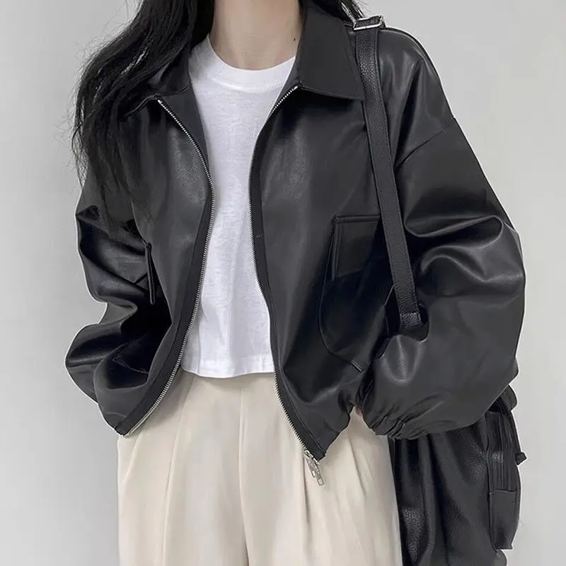 Fall Vintage Stylish Lapel PU Casual Long-sleeve Motorcycle Leather Jacket