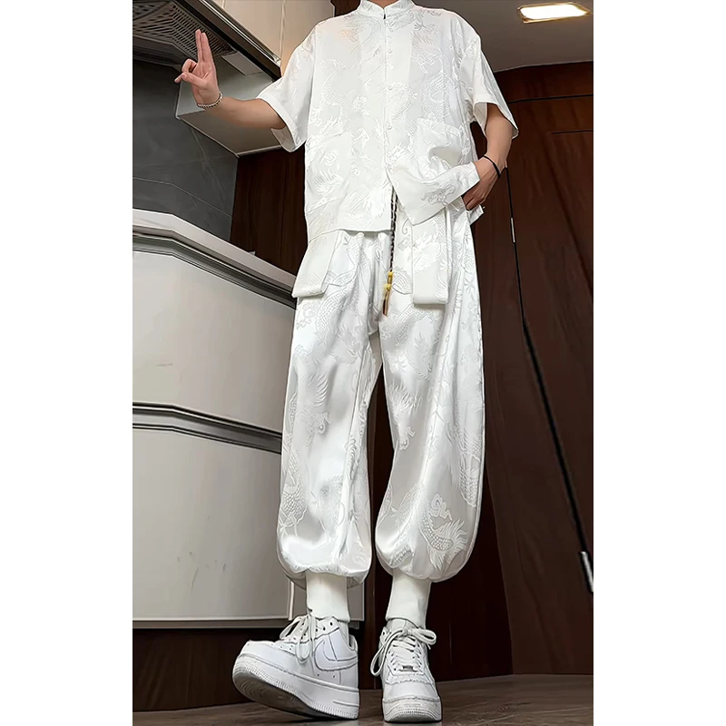 

New Men's Summer Streetwear Short Sleeve Shirt with Ankle Pants Korean Loose Fit Dragon Pattern Two-piece Set Drawstring Pants