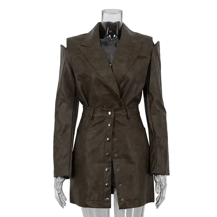

Fashion PU Leather 2 Piece Set 2025 Autumn Elegant Long Sleeve Blazer Jacket Tops + Single Breasted Mini Skirts Casual Suits