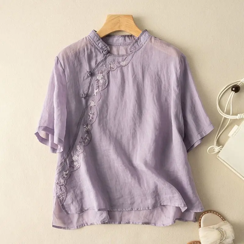 2024 Summer Women Vintage Embroidery Chinese Ethnic Style Cotton Linen T-shirt Female Solid Stand Collar Loose Short Sleeve Tops