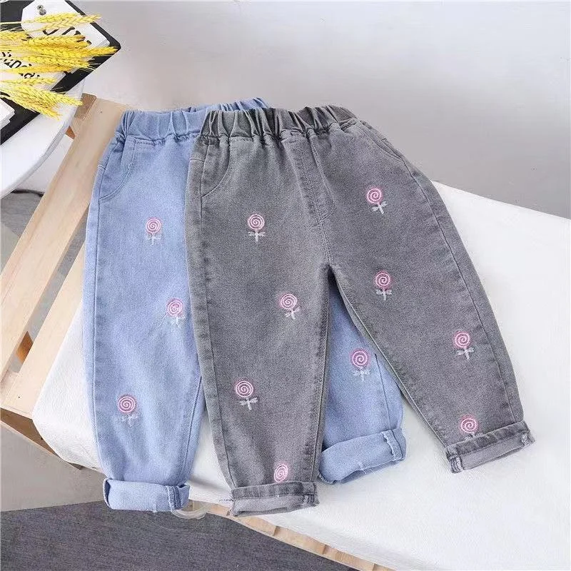 Spring Autumn Girls' Jeans New Korean Style Stylish Baby Girl Smoke Gray Pants Loose Gray Pants Worn Outside 100-130CM