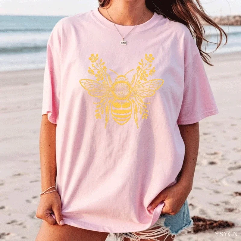 Botanical Bee T-Shirt Bee Lover Gift Floral Bee Tee Honey Nature Lover Printed Tshirts Woman Summer Cotton Casual T Shirt Tops