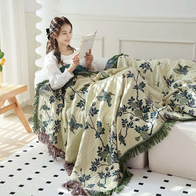 Cotton Blanket Tassel Summer Thin Quilt Gauze Plaid Bedspread for Double Twin Queen King Bed Bird Sofa Throw Bed Cover Bedding