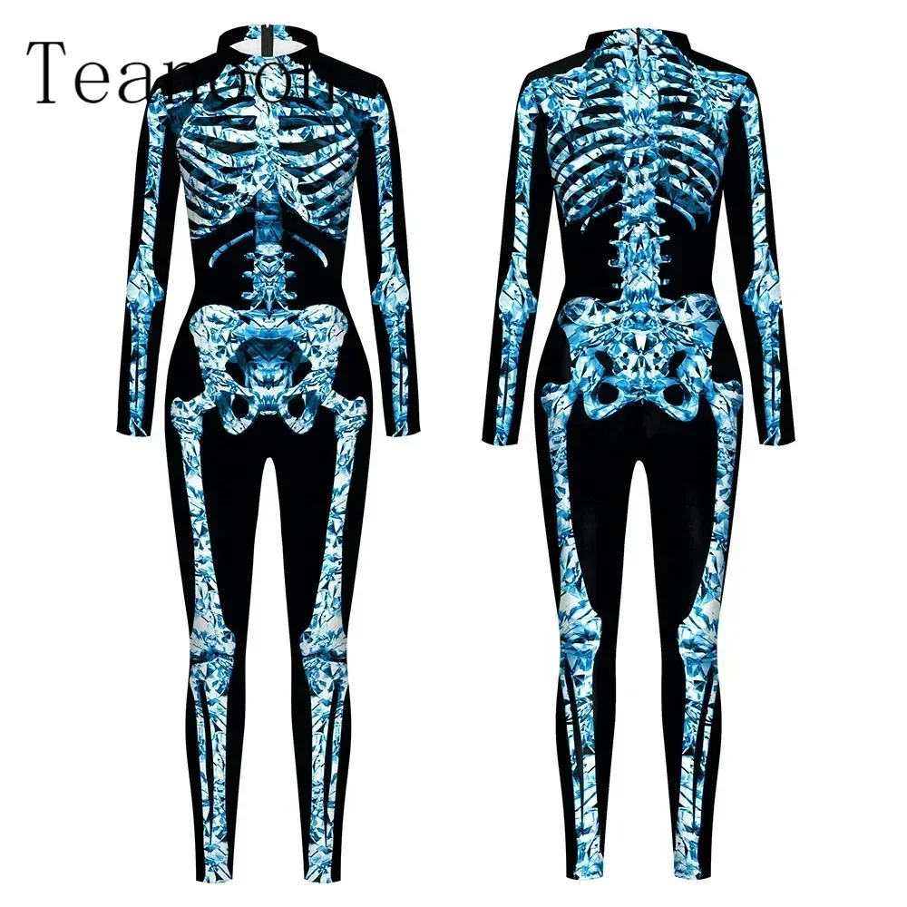 

Women Halloween Cospaly Costume Skeleton Fancy Pattern Jumpsuit Long Sleeve Party Bodysuit Carnival Catsuit Female Clothing