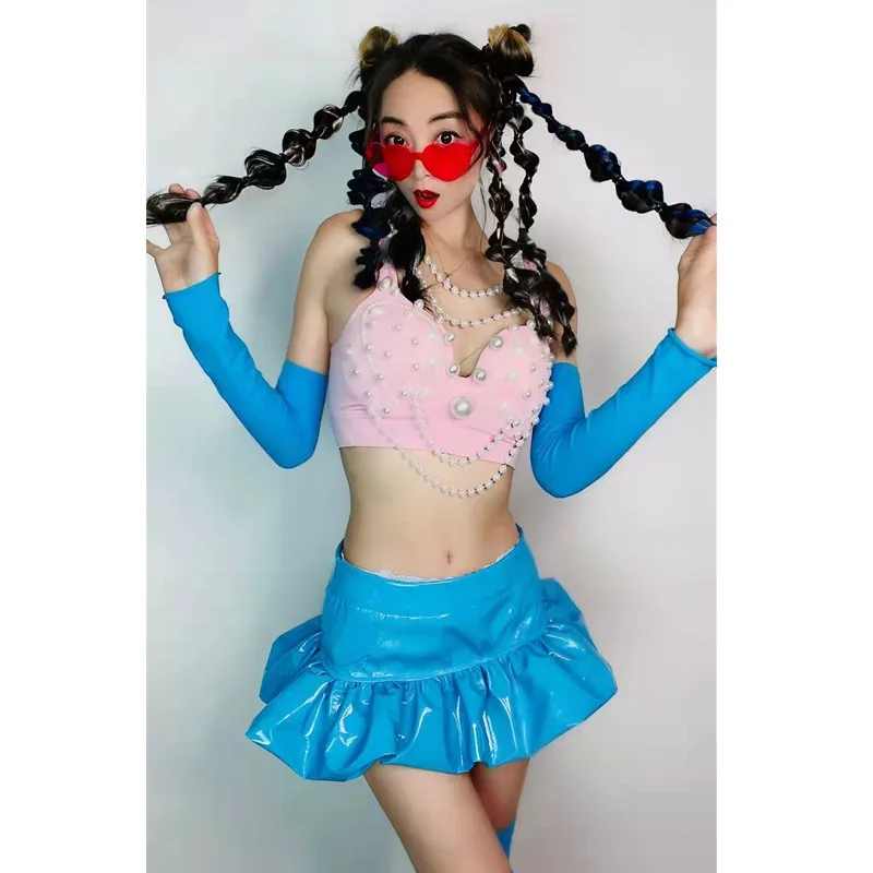 

Women Team Nightclub Bar Sexy Stage Wear DJ Jazz Dance Group Party Show Performance Costume Yellow Blue Mini Skirt Rave Outfits