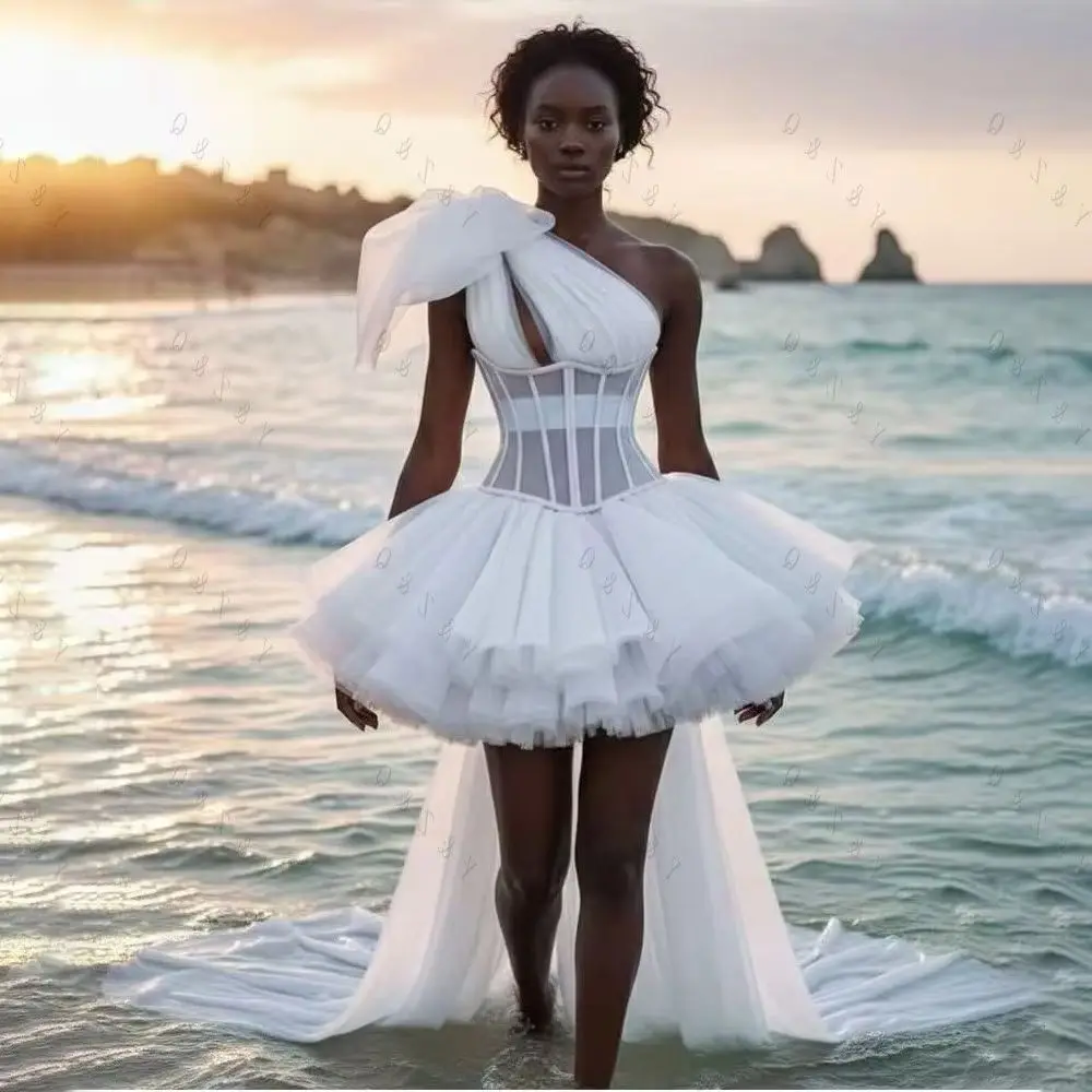 Vestido de festa estilo boho alto e baixo, espartilho, um ombro, feito sob encomenda, tule inchado, maxi vestidos femininos, sem mangas, arco, vestidos de baile em camadas