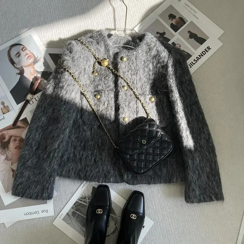 Korean Faux Fur Cropped Jacket for Women Autumn Elegant Single-Breasted Casual Coats Female Winter Korean Thick Warm Down Jacket