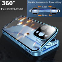 Metal Magnetic Double Sided Glass 360°Full Protection Snap Lock Phone Case For iPhone 16 Pro Max 14 12 13 15 Pro Max Bumper Case