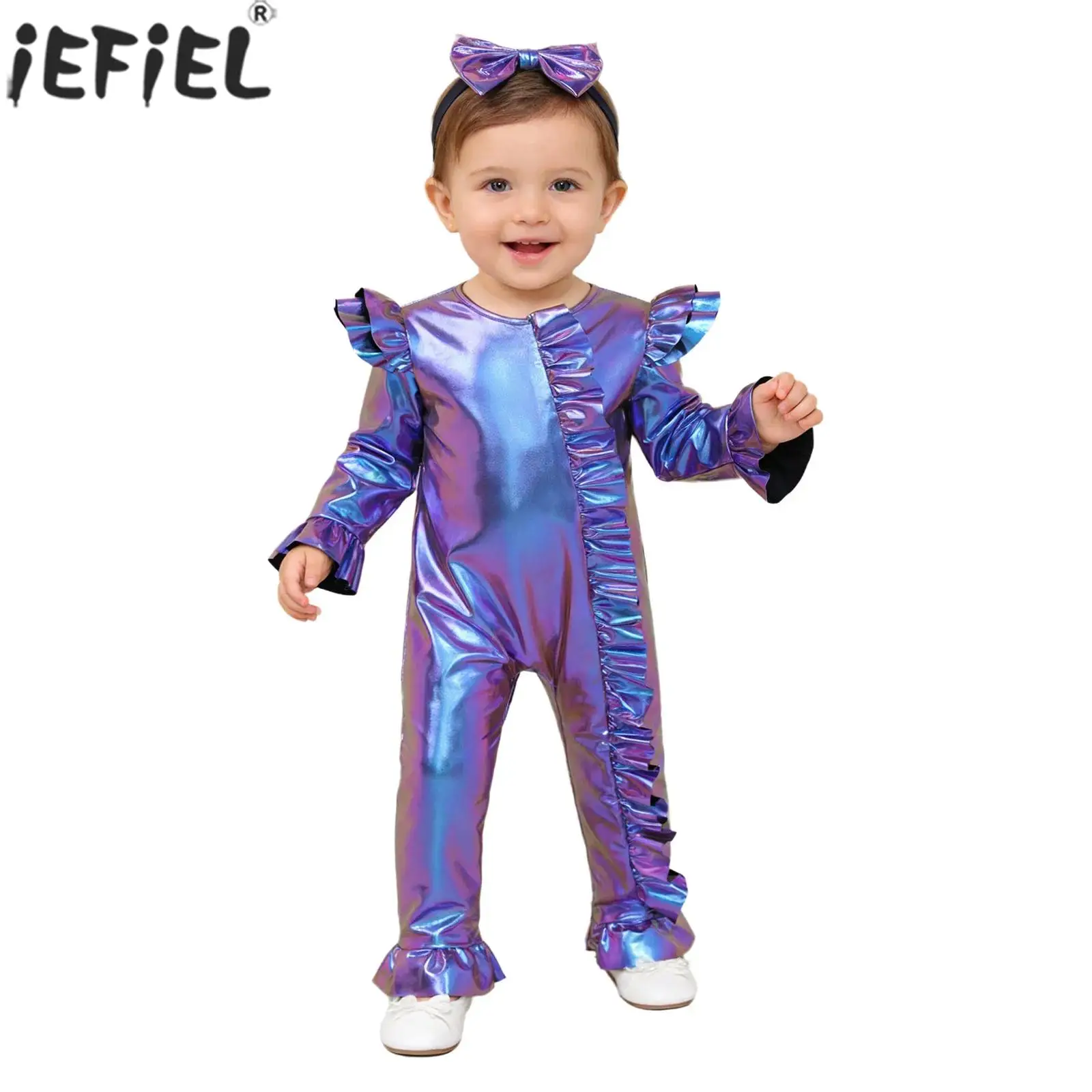 Baby Girls Long Sleeve Zipper Fashion Metallic Shiny Ruffles Romper with Headband Birthday Disco Theme Party Carnival Jumpsuit