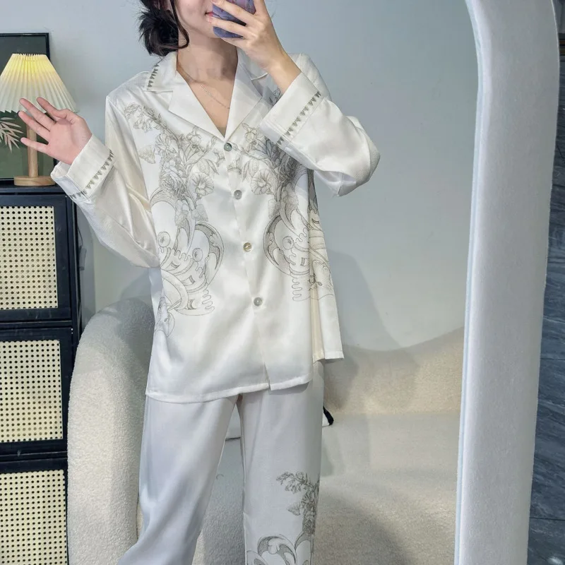 2025 Summer Autumn Long Sleeve Pants Ice Silk Pajamas Women Outerwear Homewear Two Piece Set Print Fashion Nigghtgown Sleepwear