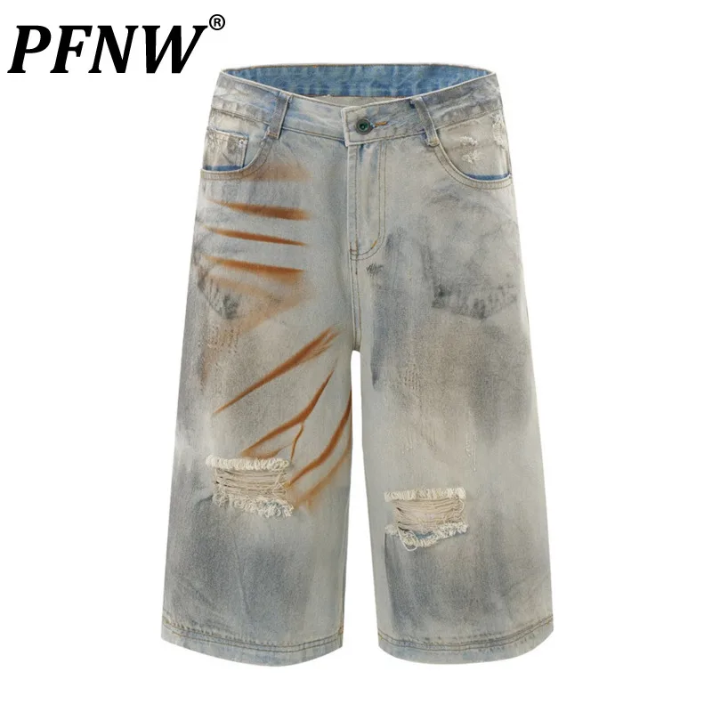 

PFNW men's wear high street men denim shorts worn-out wipe dirty design punk jeans Splash ink wide leg knee length pants 28W3813