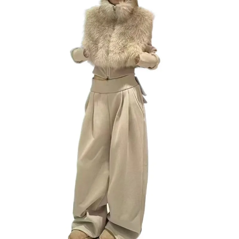 Internet Celebrities Korean Fashion Fluffy Splicing Stand-up Collar Velvet Short Jacket + High Waist Casual Wide-leg Pants Set