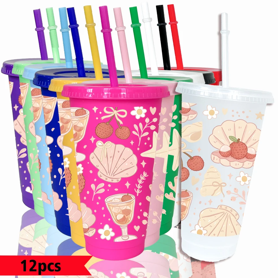 12pcs/pack Shell Fruit Wine Glass Pattern 26oz Colored Plastic Party Cold Drink Cup for Back-to-school Birthday Gift