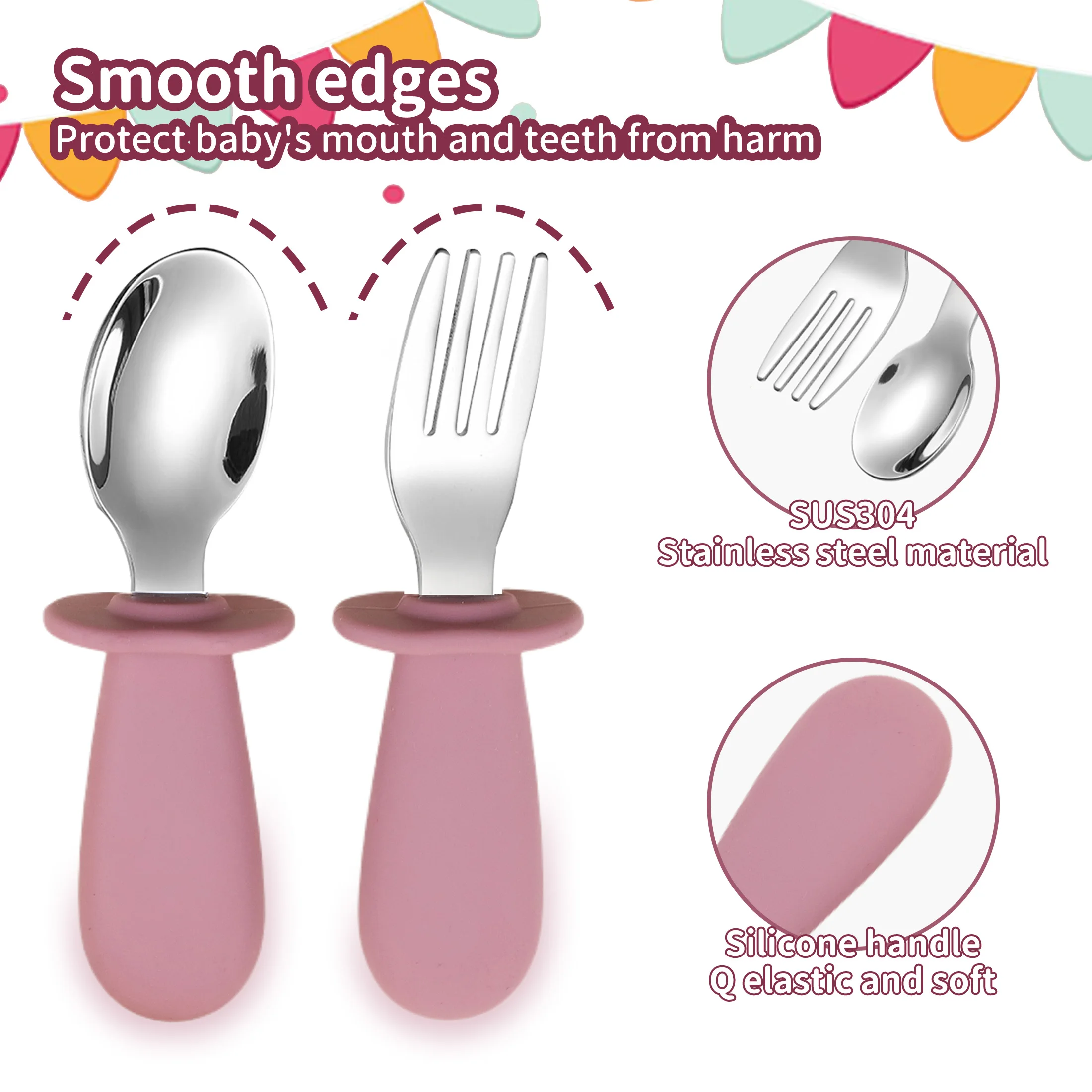 طقم أدوات مائدة وملعقة سيليكون مكون من 3 قطع لأطعمة الأطفال وأدوات التغذية وملعقة شوكة للأطفال من الفولاذ المقاوم للصدأ #3
