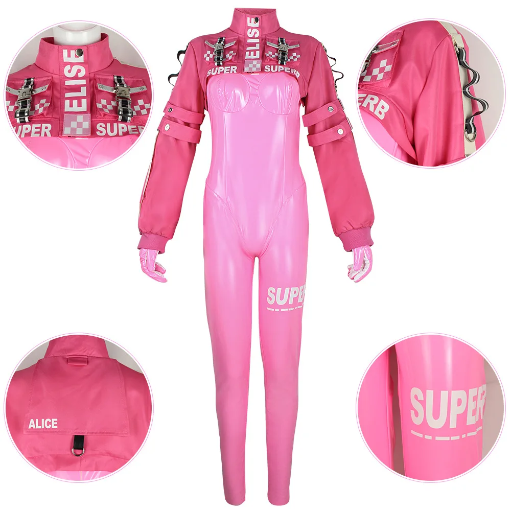 Anime Alice Cosplay Nikke Cosplay Costume Pink PU Sexy Jumpsuit Set Jacket Hair… - Image 6