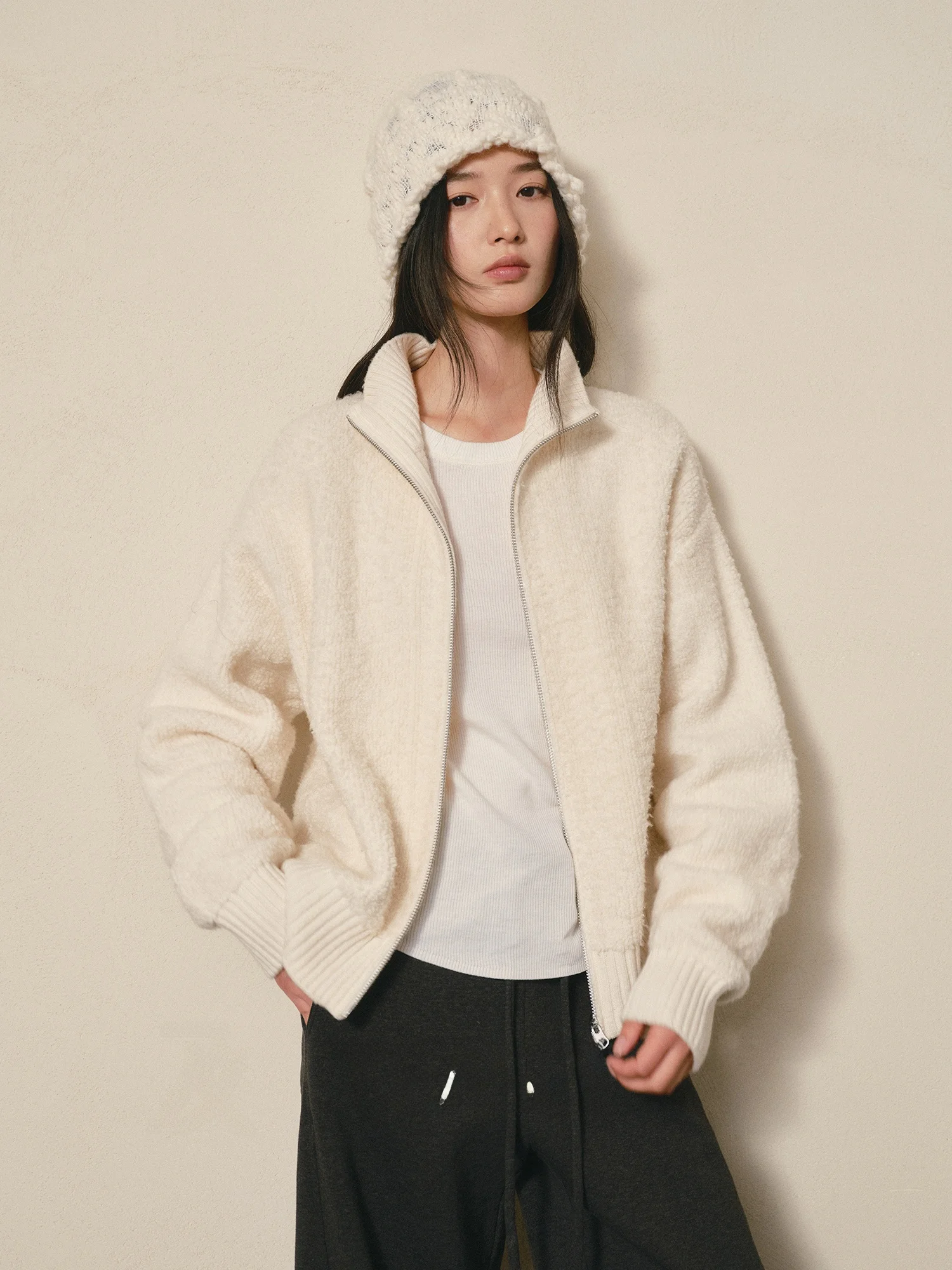 

TEASEL Soft Warm Philosophy Circle Knitwear Full Wool Lazy Loose Sweatirt Stand Collar Thiened Knitted Open Cardigan