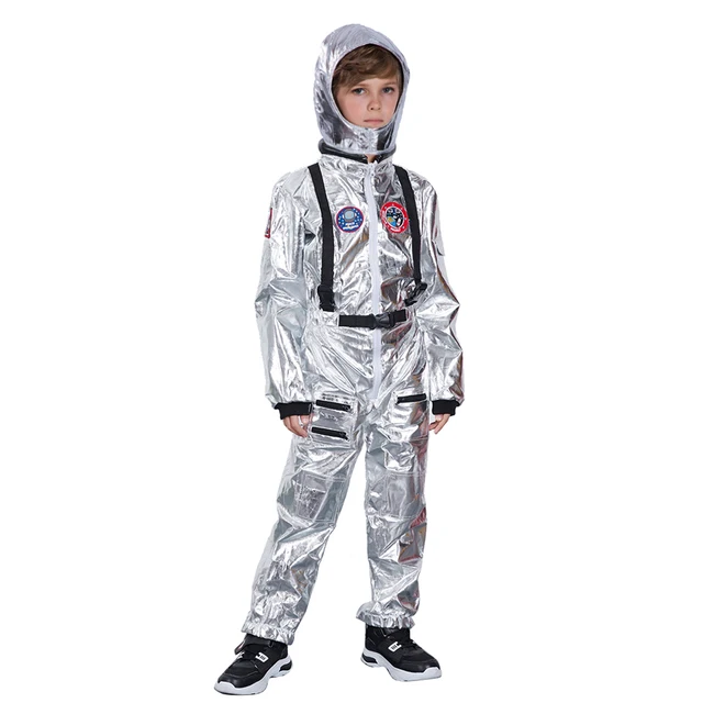 Macacão Spaceman de prata para meninos, traje de astronauta para crianças, Halloween Cosplay, crianças Pilot Carnival Party Props