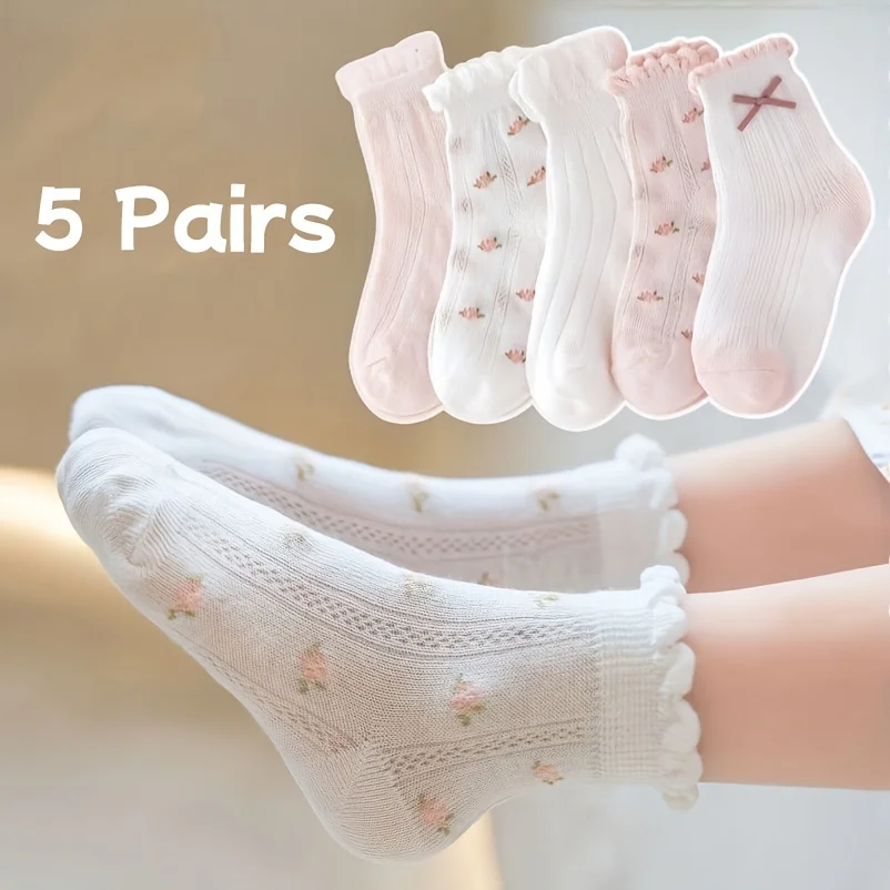 5 Pairs Girls Socks Bowknot Flower Fruit Pattern Summer Spring Mesh Thin Comfy Breathable Soft Short Anklet Socks for 1-12 Years