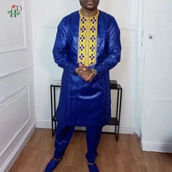 H&D New African Clothes for Men Tradition Clothing Embroidery Blue 2 Pcs Set Top Pant Bazin Muslim Wedding Party Dashiki